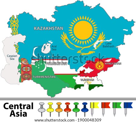 Vector map of Central Asia with flags, Caspian Sea and large lakes