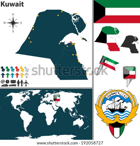 Vector map of Kuwait with regions, coat of arms and location on world map