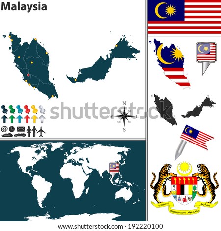 Vector map of Malaysia with regions, coat of arms and location on world map
