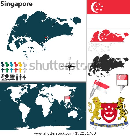 Vector map of Singapore with regions, coat of arms and location on world map