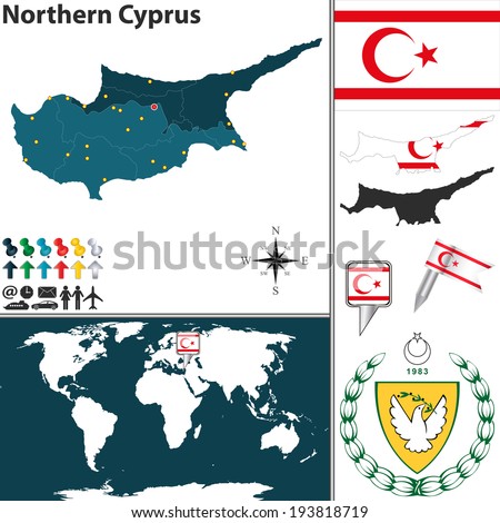 Vector map of Northern Cyprus with regions, coat of arms and location on world map