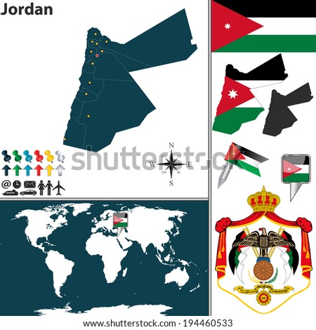 Vector map of Jordan with regions, coat of arms and location on world map