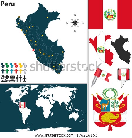 Vector map of Peru with regions, coat of arms and location on world map