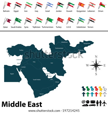 Vector of political map of Middle East set with buttons flags on white background