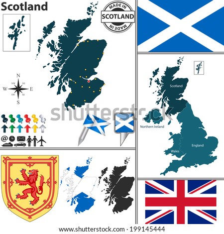 Vector map of Scotland with regions, coat of arms and location on United Kingdom map
