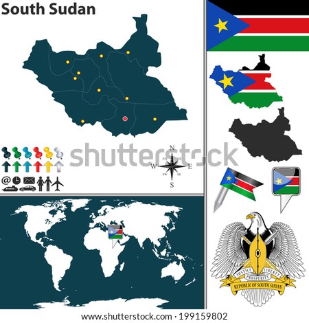 Vector of South Sudan set with detailed country shape with region, coat of arms, flags and icons