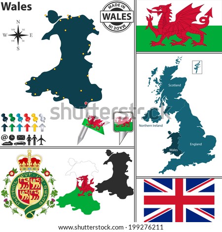 Vector map of Wales with coat of arms and location on United Kingdom map