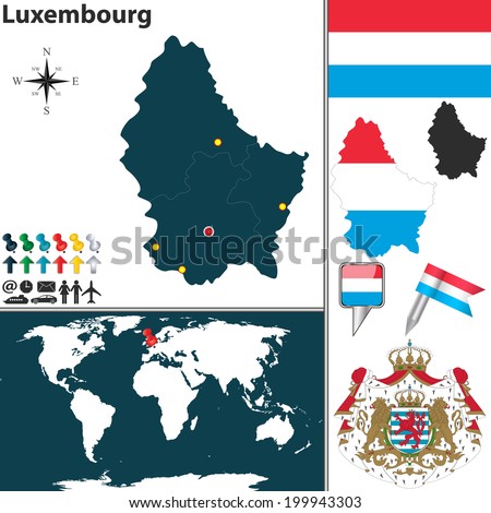 Vector map of Luxembourg with coat of arms and location on world map
