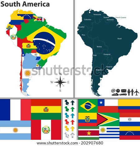 Vector map of South America with flags and location on world map