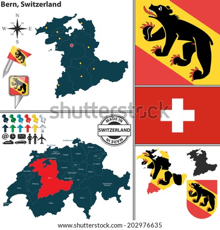 Vector map of state Bern with coat of arms and location on Switzerland map