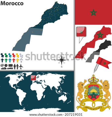 Vector map of Morocco with regions, coat of arms and location on world map
