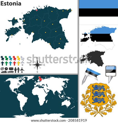 Vector map of Estonia with regions, coat of arms and location on world map