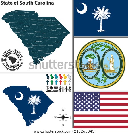 Vector set of South Carolina state with flag and seal