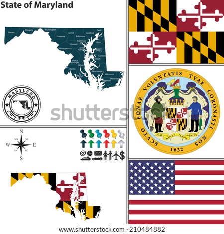 Vector set of Maryland state with flag and seal on white background