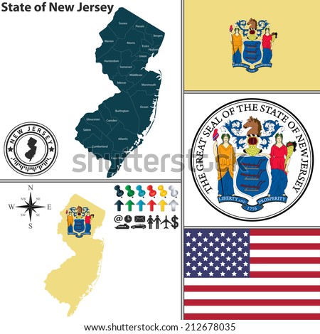 Vector set of New Jersey state with flag and icons on white background