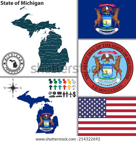 Vector set of Michigan state with seal and icons on white background