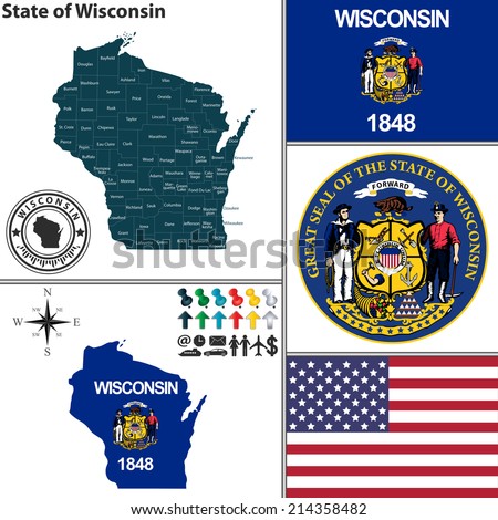 Vector set of Wisconsin state with seal and icons on white background