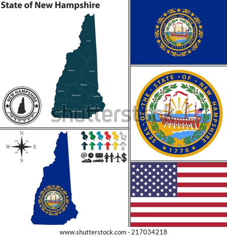 Vector set of New Hampshire state with flag and icons on white background