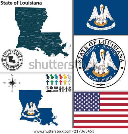 Vector set of Louisiana state with seal and icons on white background