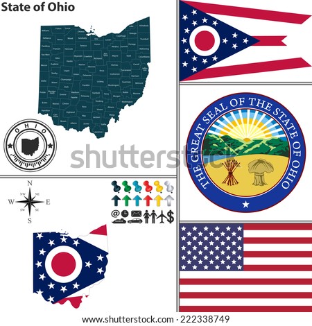 Vector set of Ohio state with seal and icons on white background
