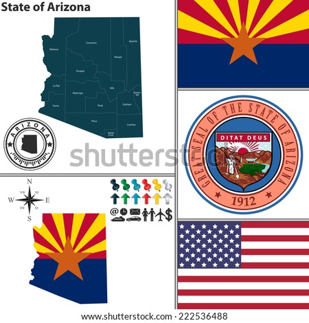 Vector set of Arizona state with seal and icons on white background