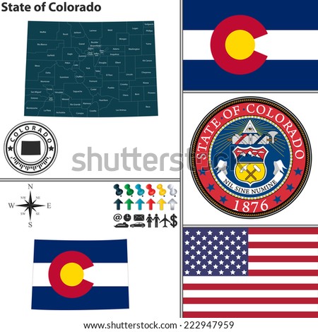 Vector set of Colorado state with seal, flag and icons on white background