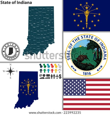Vector set of Indiana state with seal, flag and icons on white background