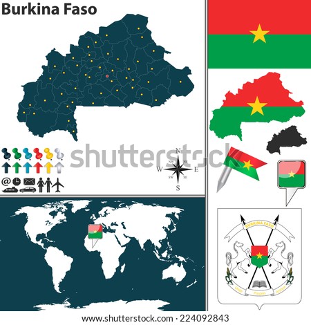 Vector map of Burkina Faso with regions, coat of arms and location on world map