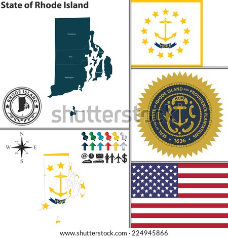 Vector set of Rhode Island state with seal, flag and icons on white background