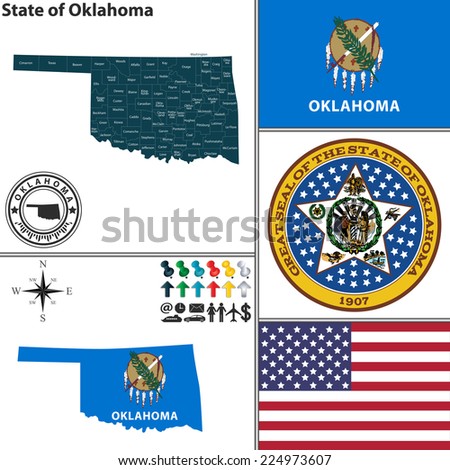 Vector set of Oklahoma state with seal, flag and icons on white background