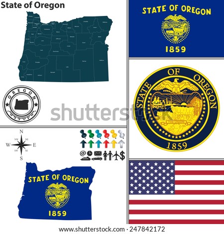 Vector set of Oregon state with seal, flag and icons on white background