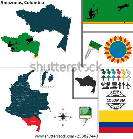 Vector map of region of Amazonas with coat of arms and location on Colombian map