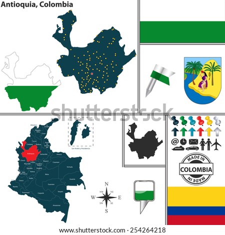 Vector map of region of Antioquia with coat of arms and location on Colombian map