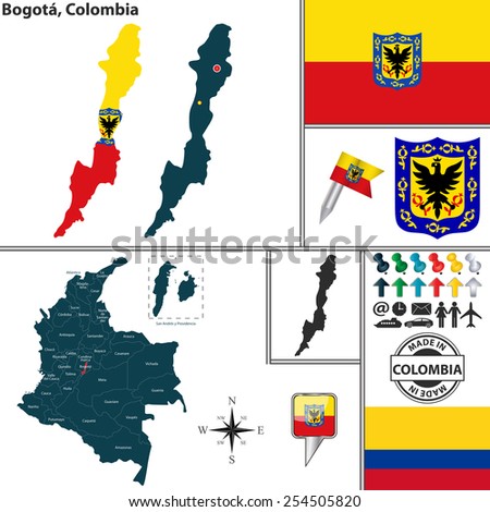 Vector map of region of Bogota with coat of arms and location on Colombian map