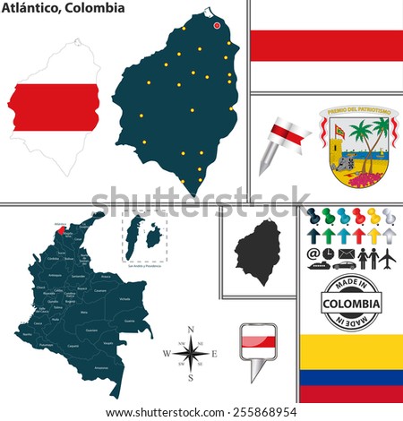 Vector map of region of Atlantico with coat of arms and location on Colombian map