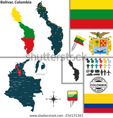 Vector map of region of Bolivar with coat of arms and location on Colombian map