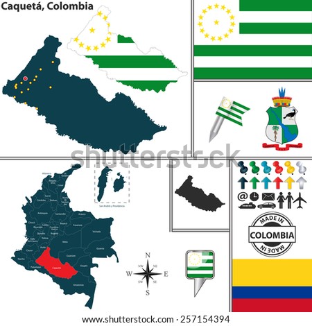 Vector map of region of Caqueta with coat of arms and location on Colombian map