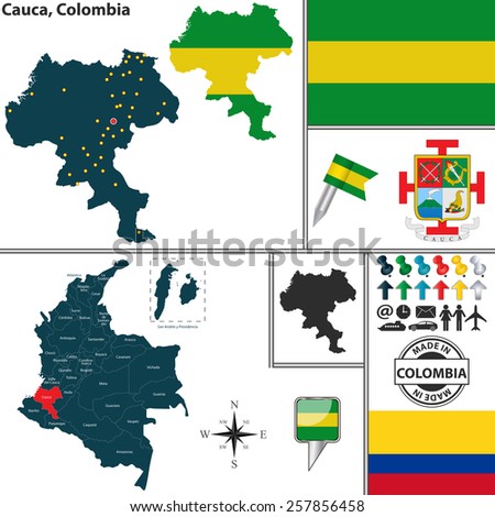 Vector map of region of Cauca with coat of arms and location on Colombian map