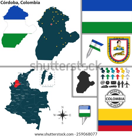 Vector map of region of Cordoba with coat of arms and location on Colombian map