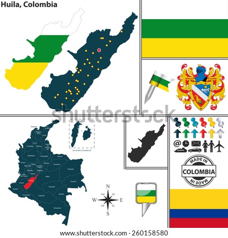 Vector map of region of Huila with coat of arms and location on Colombian map