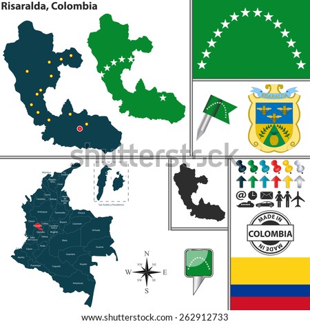 Vector map of region of Risaralda with coat of arms and location on Colombian map