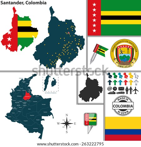 Vector map of region of Santander with coat of arms and location on Colombian map