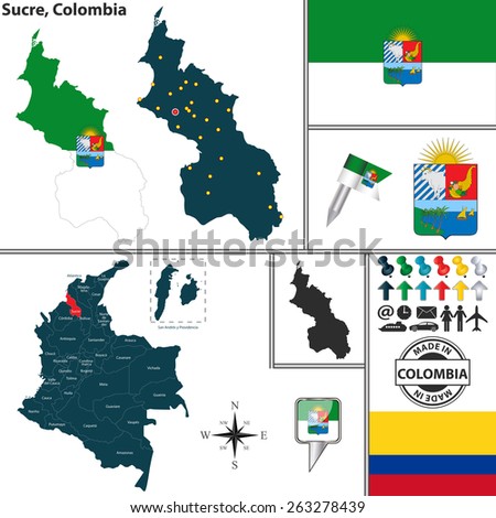 Vector map of region of Sucre with coat of arms and location on Colombian map