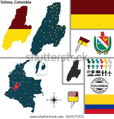 Vector map of region of Tolima with coat of arms and location on Colombian map