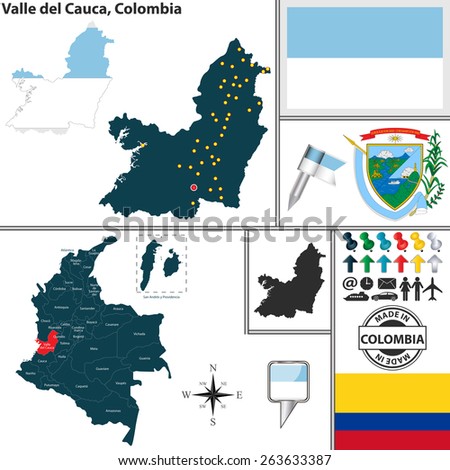 Vector map of region of Valle del Cauca with coat of arms and location on Colombian map