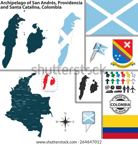 Vector map of region of Archipelago of San Andres, Providencia and Santa Catalina with coat of arms and location on Colombian map