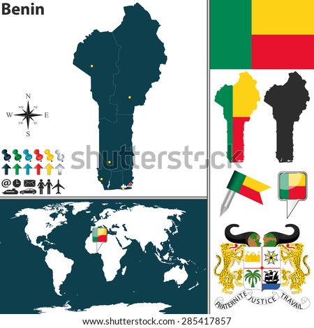 Vector map of Benin with regions, coat of arms and location on world map