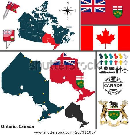 Vector map of state Ontario with coat of arms and location on Canadian map