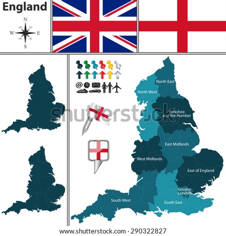 Vector Map Of England With Regions And Flags - 290322827 : Shutterstock