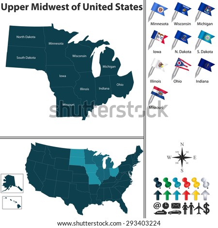 Vector Set Of Upper Midwest Of United States With Flags And Map On ...